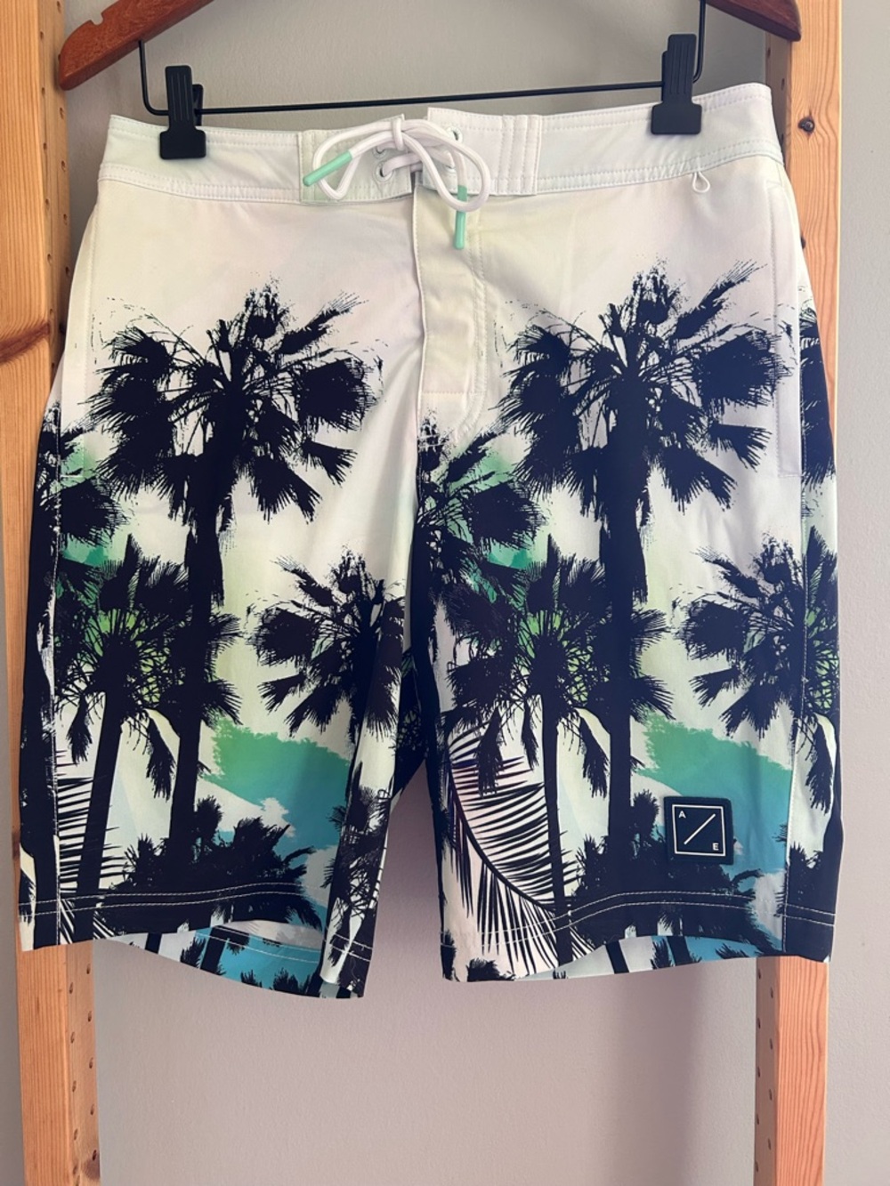 Men's American Eagle Palm Tree Print Swim Trunks - Black/Teal Sz S